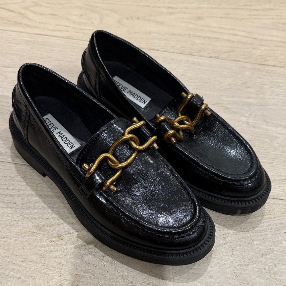 Steve Madden Black Loafers with Gold Detailing